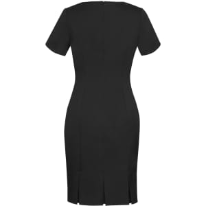 A fitted black short sleeve shift dress featuring a back zip and vented hem. Includes a branding logo.