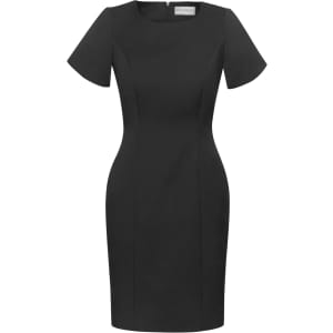 A black short sleeve shift dress with a fitted silhouette and a back zipper, featuring a branding logo.