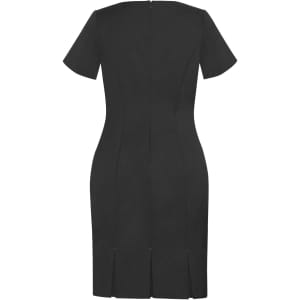 A black women's short sleeve shift dress featuring a fitted silhouette and subtle split details at the hem.