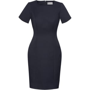 A fitted women's short sleeve shift dress in navy blue with a crew neckline and a tailored design.