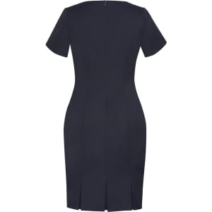 A navy short sleeve shift dress with a fitted silhouette and back zip, featuring slit details at the hem.