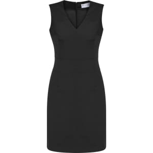 A black sleeveless V-neck dress with a fitted silhouette and zipper closure at the back. Features a brand logo.