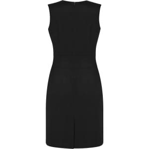 A black sleeveless V-neck dress with a fitted design and a back zip closure. It features a small vent at the bottom.