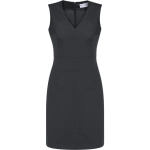 A sleeveless, V-neck dress in dark grey, featuring a fitted silhouette and a back zip.