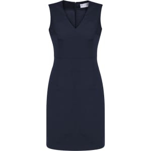 A sleeveless, navy blue V-neck dress with a fitted silhouette and a zip closure at the back, featuring a logo.