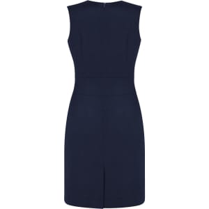A navy sleeveless V-neck dress with a fitted silhouette and a back zipper, featuring a centre back vent.