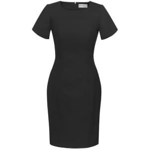 A black short sleeve shift dress with a fitted silhouette and a back zipper, featuring a subtle logo.