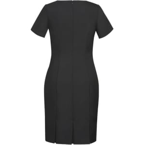 A black short sleeve shift dress with a fitted design and back zip closure. It features a split at the hem.