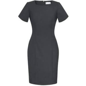 A fitted women's short sleeve shift dress in dark grey with a structured silhouette and a back zip.