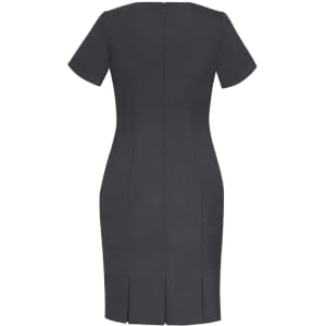 A short sleeve shift dress in dark grey wool stretch with a fitted silhouette and back zip closure.