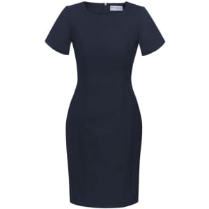 A dark navy short sleeve shift dress with a fitted silhouette and a zip back closure.
