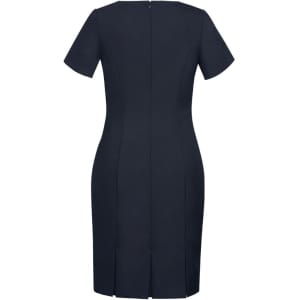 A fitted, short sleeve shift dress in navy, featuring a back zipper and subtle dart detailing.