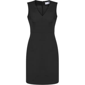 A sleeveless, V-neck dress in black with a fitted silhouette and a zipper at the back.