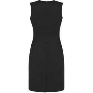 A black sleeveless dress featuring a V-neck design and a back zipper. The dress has a fitted silhouette and a slit at the back.