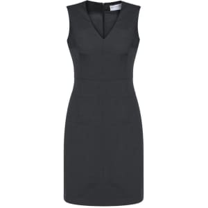 A sleeveless, V-neck dress in dark grey with a fitted silhouette and a zip fastening at the back.