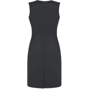A sleeveless, V-neck dress in dark green with a fitted silhouette and a back zipper.