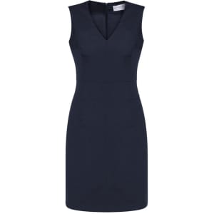 A sleeveless, navy wool blend dress featuring a V-neck design and a zip closure at the back.