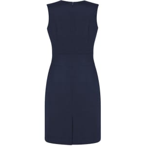 A navy sleeveless V-neck dress featuring a fitted silhouette and a back zip closure.
