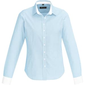 A light blue long sleeve button-up shirt with white cuffs and collar, featuring a logo.