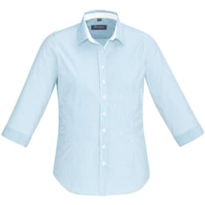 Light blue women's 3/4 sleeve button-up shirt with a collar and a logo on the chest.