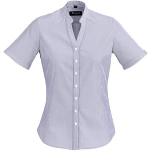 A short sleeve, button-up women's shirt in bordeaux colour with a collared neckline and a fitted cut.