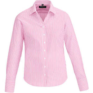 A pink and white striped long sleeve button-up shirt with a collar and branding.