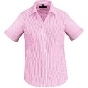 A short-sleeve button-up shirt featuring pink and white stripes, with a collar and rolled cuffs. It has a logo.