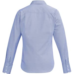 A button-up long sleeve shirt in light blue with a back view, featuring a collar and buttoned cuffs.