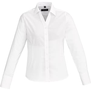 A women's long sleeve button-up shirt in white, featuring a fitted design and a collar, with a logo on the tag.