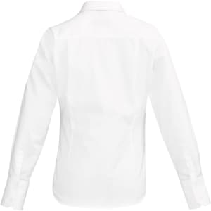 A white long sleeve button-up shirt with a clean back design and a collar, featuring a logo.