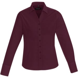 A burgundy long sleeve button-up shirt for women, featuring a classic collar and button closure. It has a logo.