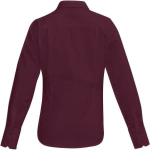 A burgundy long sleeve button-up shirt with a classic collar and a back yoke. Features logos on the fabric.