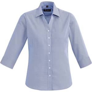 A blue women's button-up shirt with a 3/4 sleeve, featuring a collar and front buttons. It has a logo on the label.