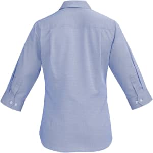 A light blue women's button-up shirt with 3/4 sleeves and a collar, featuring a logo on the back.