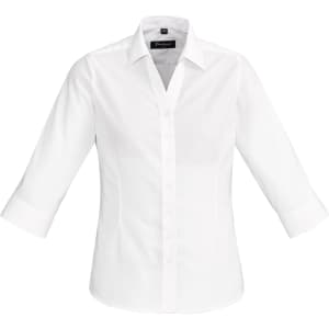 A white women's Hudson 3/4 sleeve button-up shirt with a collar and rolled cuffs. Features a logo on the label.