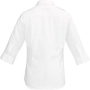 A white women's button-up shirt with 3/4 sleeves, showing the back view and featuring a brand logo.