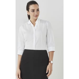 A white women's button-up shirt with 3/4 sleeves, featuring a collar and a logo.