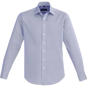 A light blue button-up shirt with long sleeves and a collar, featuring a logo on the chest.