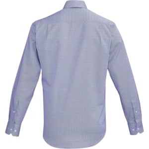 A blue long sleeve button-up shirt with a classic collar and buttoned cuffs, featuring a logo on the back.
