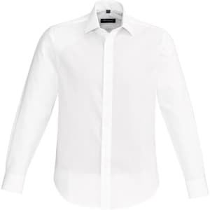 A white long sleeve button-up shirt with a collar and a logo on the label.