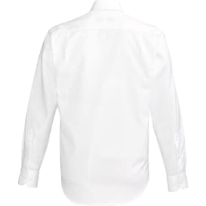 A white long sleeve button-up shirt with a plain back view, featuring a collar and buttoned cuffs.