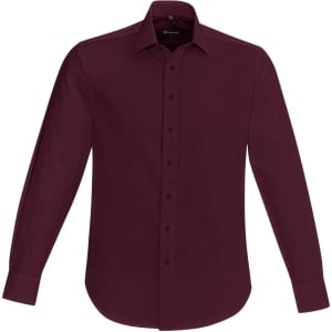 A burgundy long sleeve button-up shirt with a collar and one logo.
