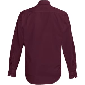 A burgundy long sleeve button-up shirt featuring a back view and a logo.