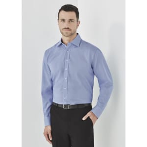 A blue button-up long sleeve shirt for men, featuring a collar and a logo on the breast pocket.