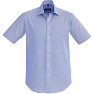 A short-sleeved, light blue button-up shirt with a collar and a logo on the chest.