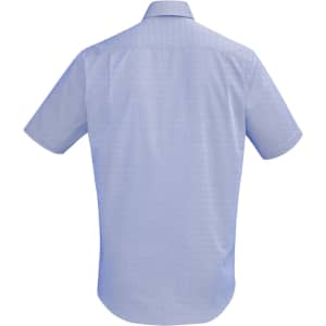 A light blue short sleeve button-up shirt with a back yoke and a small logo.