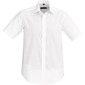 A white short sleeve button-up shirt with a collar and a logo on the front.