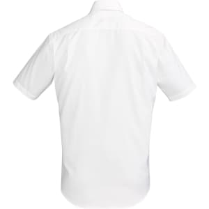 A white short sleeve button-up shirt with a classic collar and a logo on the back.