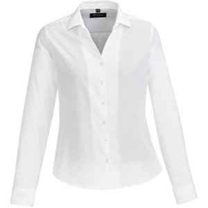 A plain white long sleeve button-up shirt for women, featuring a collar and a logo.