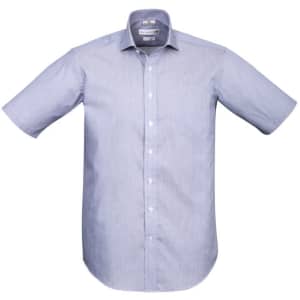 A light blue short sleeve button-up shirt with a collar featuring a logo on the chest.